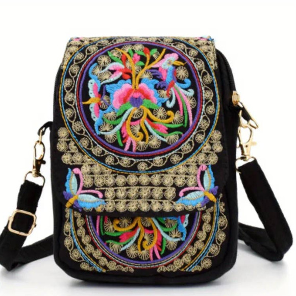 Women's Embroidered Crossbody Bag, Small Canvas Shoulder Bag, Zipper Phone Bag - Picture 5 of 7